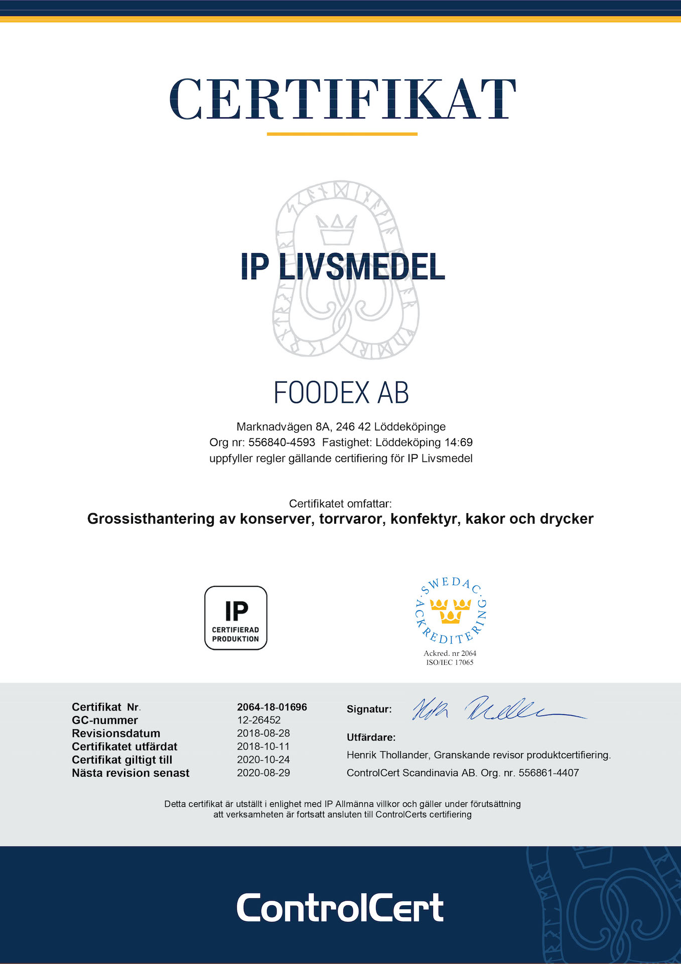 Certifikat IP Livsmedel Foodex AB 2018-10-11